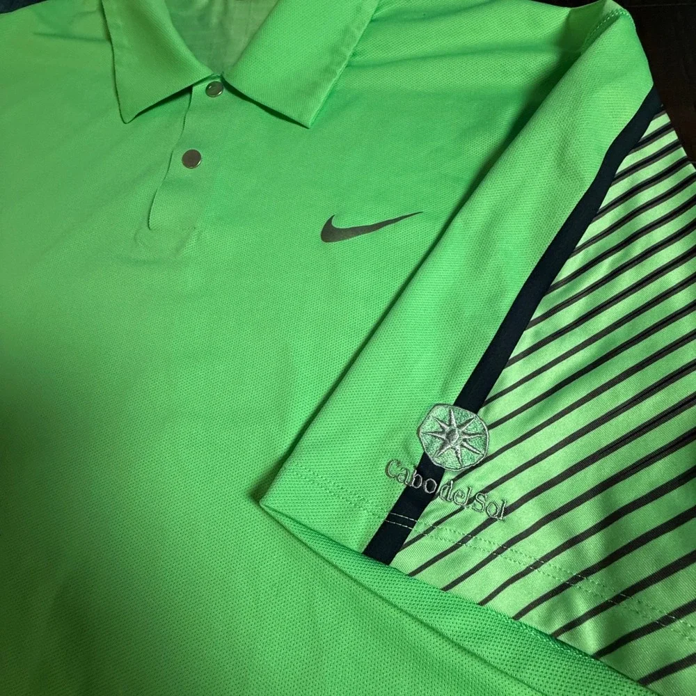 Nike Golf Tiger Woods‎ Collection Polo Shirt Mens L Green Black Stripe Dri-FIT